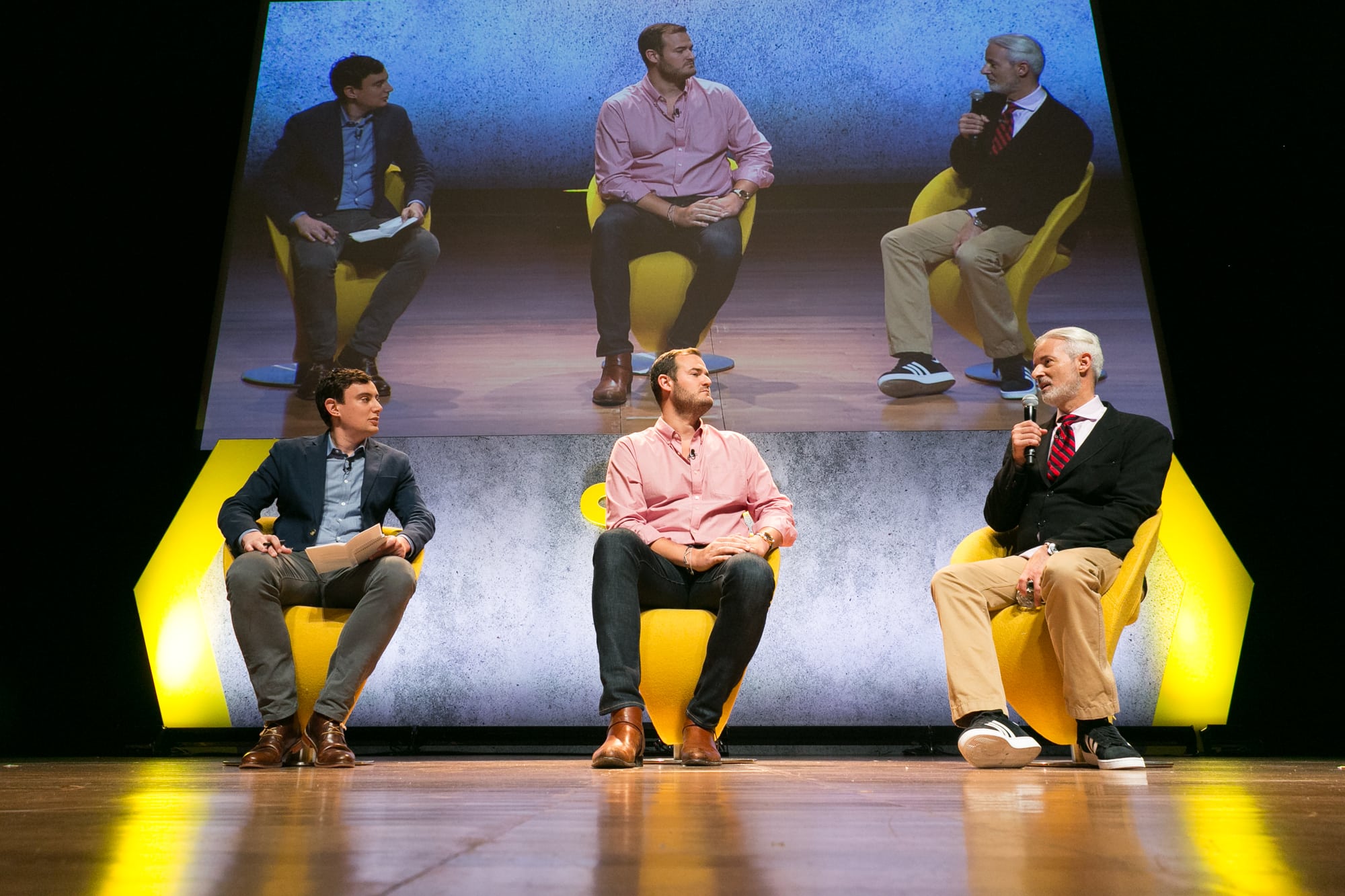 Picture (from left) is Skift airline reporter Brian Sumers, The Points Guy's Brian Kelly and George Hobica of Airfare Watchdog speaking at Skift Global Forum in 2017.