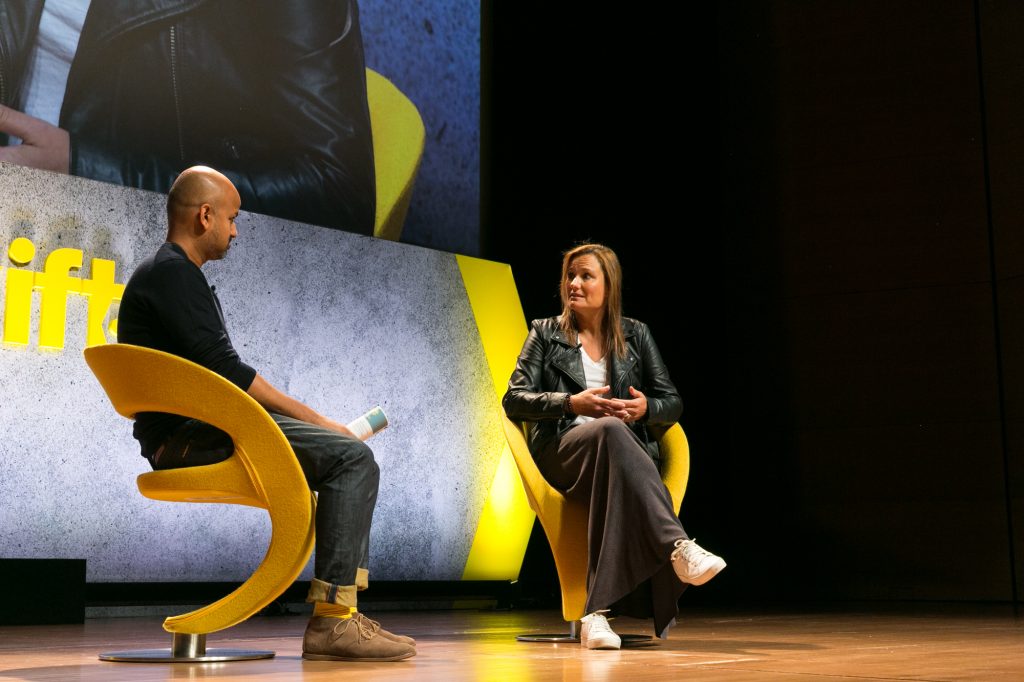 Gillian Tans (right) speaking at the Skift Global Forum in New York City in September 2016 with Skift founder Rafat Ali. The CEO of Booking.com was the highest-paid travel CEO in 2016.