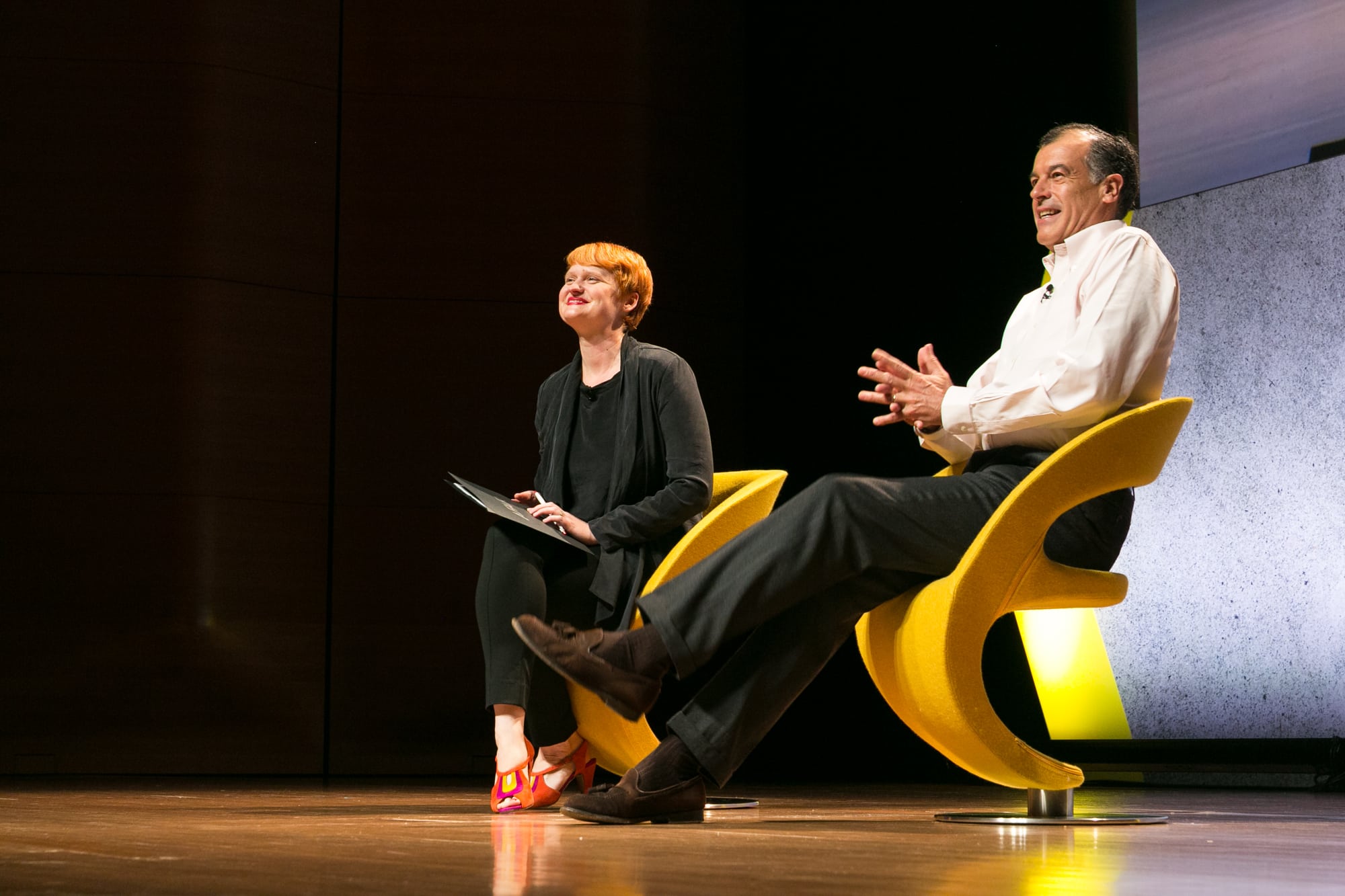 AFAR Editor-in-Chief Julia Cosgrove (L) and Club Med CEO Henri Giscard D'Estaing at Skift Global Forum in New York, Sept. 27, 2016. 
