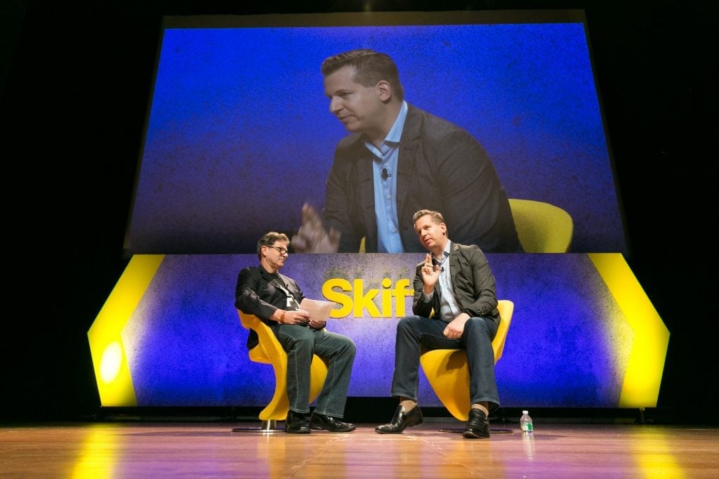 Oliver Heckmann (right), who oversees Google's travel product, discusses Google's ambitions with Skift executive editor Dennis Schaal at the Skift Global Forum in New York City on September 28.