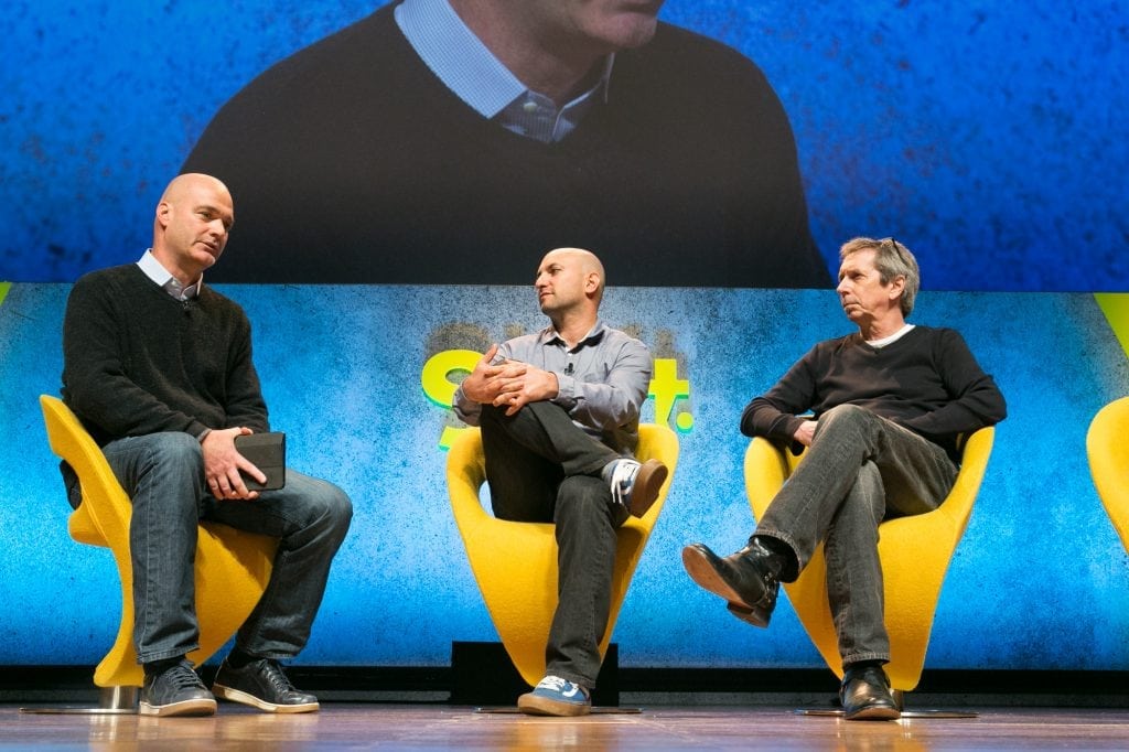 Rich Goodstone, co-founder of Superfly (center), and Mike Shea, Chief Logistics Officer & Partner of SXSW (R), at Skift Global Forum in New York, Sept. 28, 2016. 
