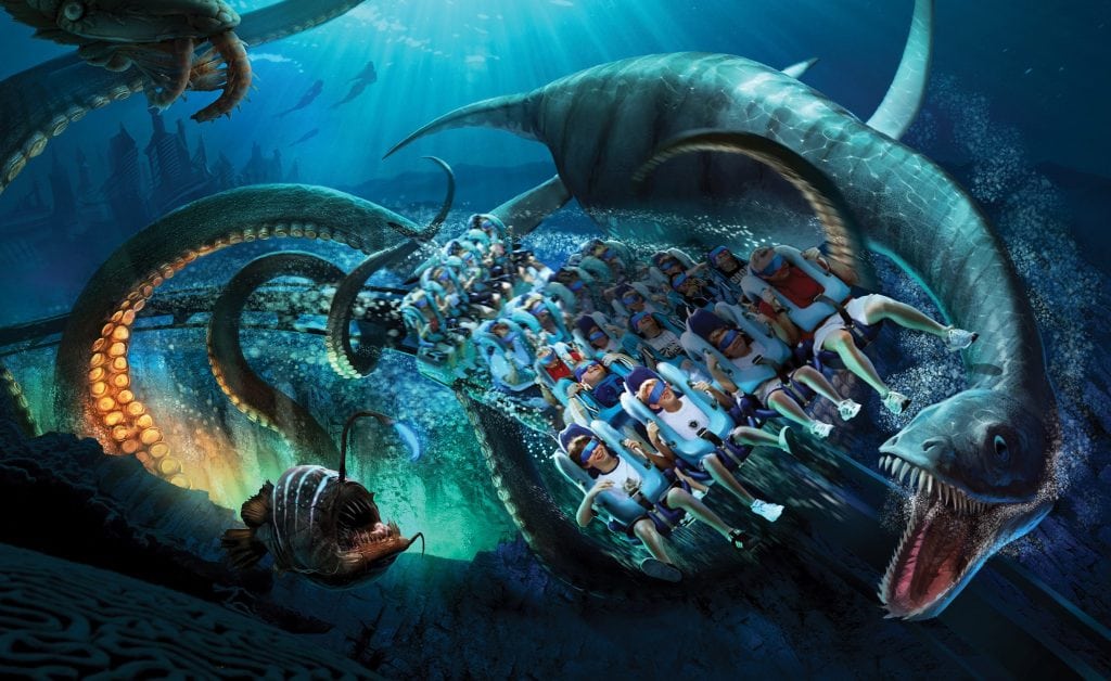 This artist rendering shows the Kraken Virtual Reality Roller Coaster experience at SeaWorld Orlando. SeaWorld is adding new rides and events at parks around the country. 
