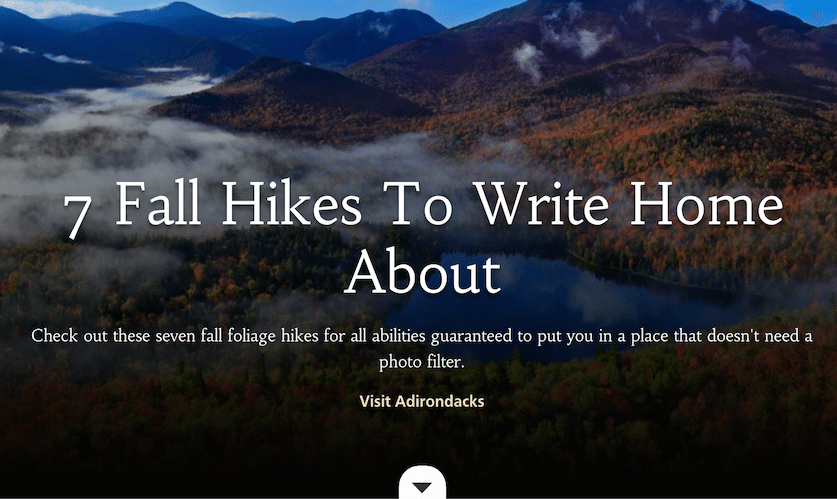 Visit Adirondacks says its Facebook ads have helped increase brand awareness in out-of-state markets. Pictured is a screenshot of the ad content on the brand's site.