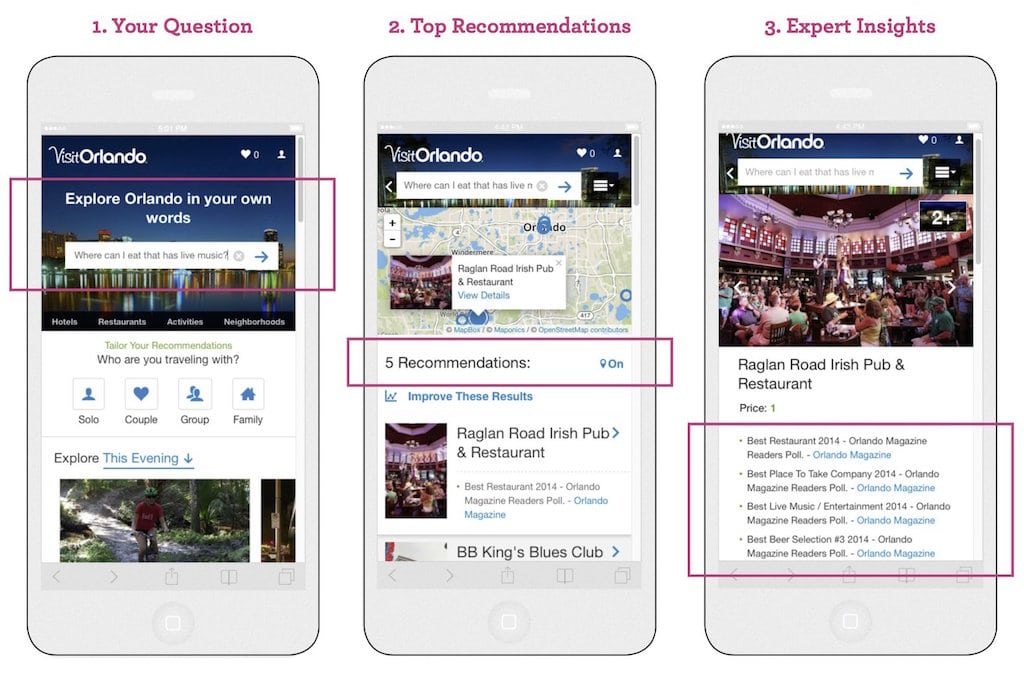The mobile interface of Visit Orlando's new travel app.