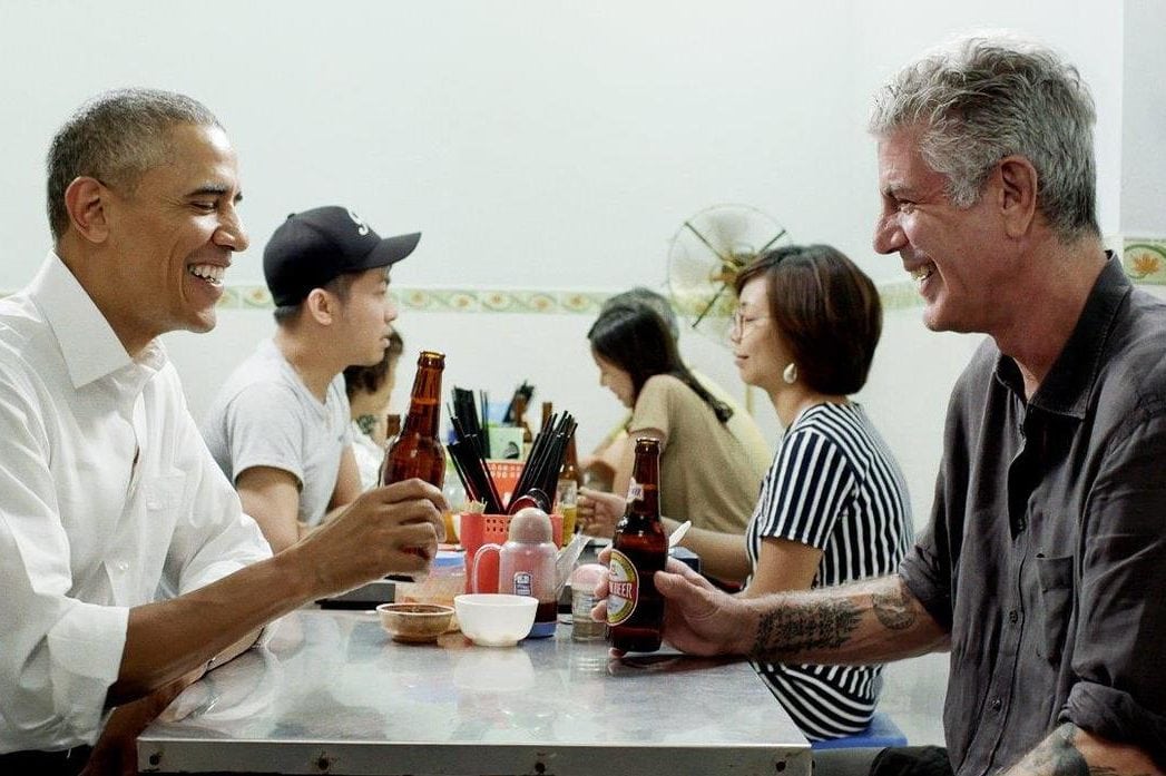 Still from an episode of "Parts Unknown" featuring host Anthony Bourdain and U.S. President Barack Obama. 