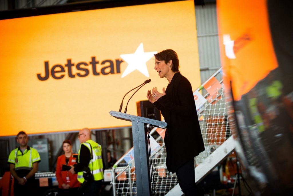 Jetstar Group CEO Jayne Hrdlicka speaks at a 2014 event celebrating the delivery of her company's 100th aircraft. Hrdlicka runs a network of five low cost airlines in Asia, Australia and New Zealand. 