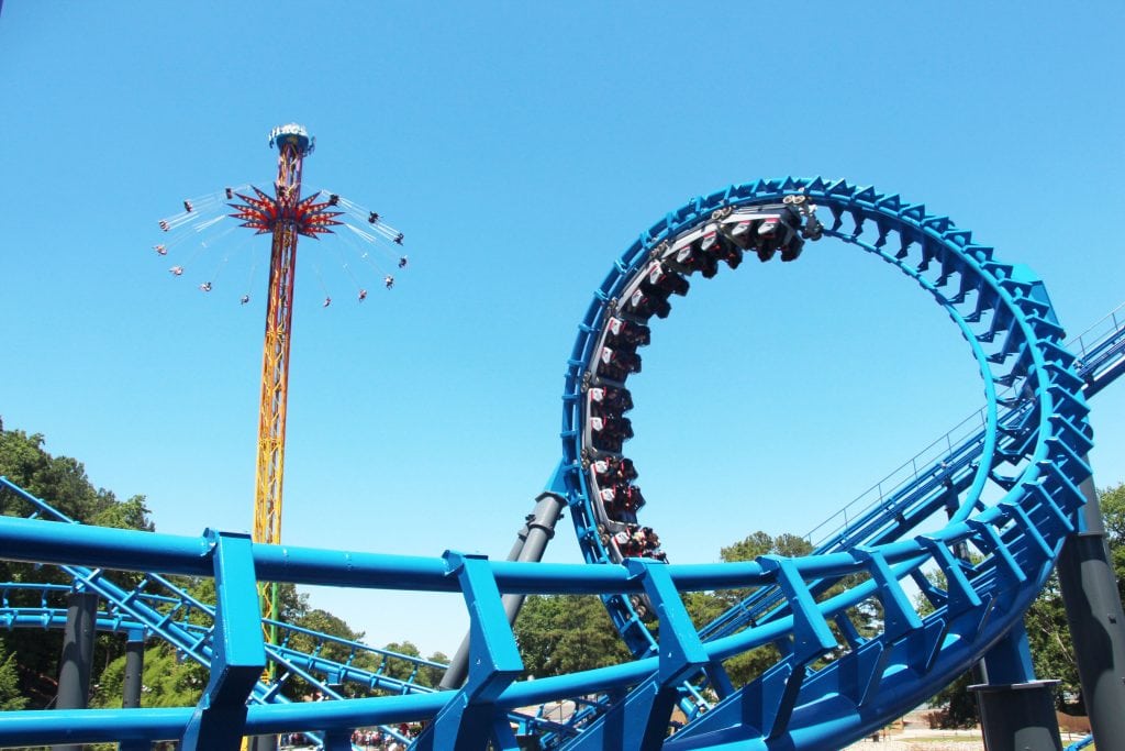 Six Flags and a development partner announced that three new theme parks would open in China in 2020, in addition to four already planned. Pictured here are rides at Six Flags Over Georgia.