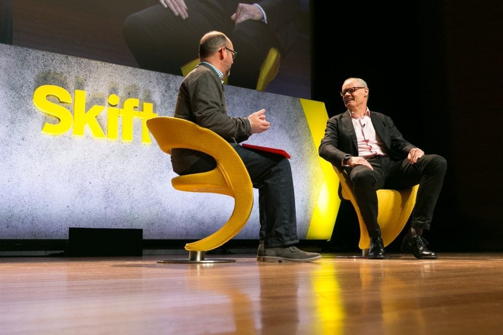 Skift co-founder and editor-in-chief Jason Clampet (l) interviewed former Starwood CEO Frits van Paasschen at the Skift Global Forum in NYC September 28. Van Paasschen spoke about how the hospitality industry can better navigate a rapidly changing world. 