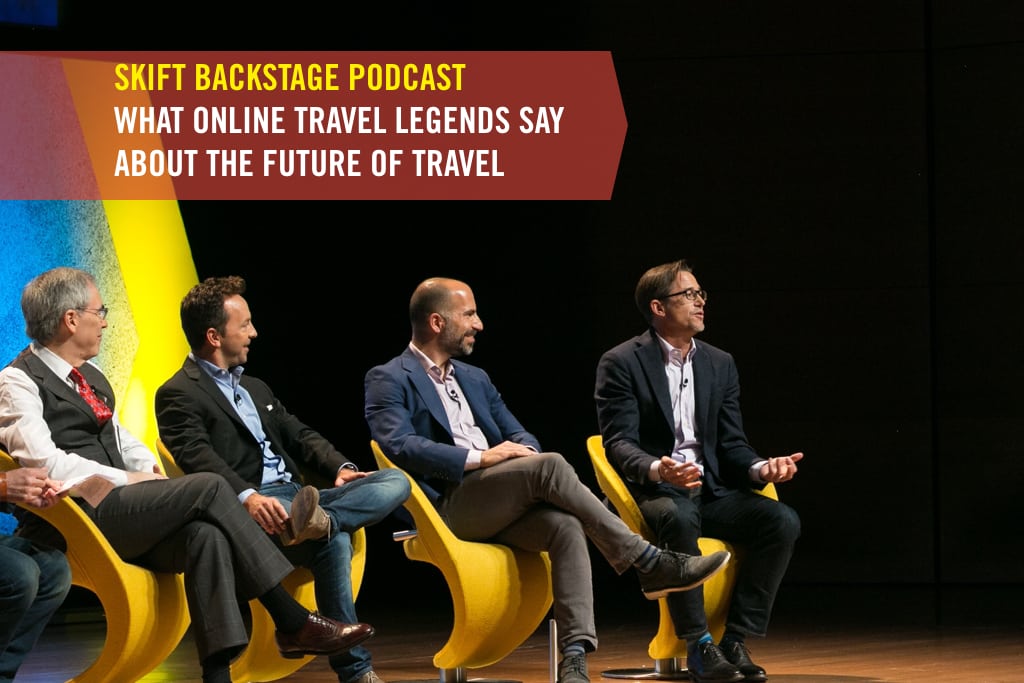 From left, Jay Walker, Brad Gerstner, Dara Khosrowshahi, and Rich Barton discuss the history of online travel at Skift Global Forum 2016. Panelists visited the Skift Take Studio for an encore discussion.