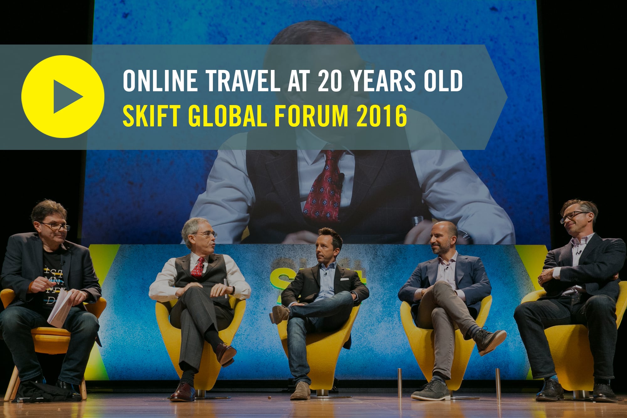 (From left) Skift Executive Editor Dennis Schaal, Priceline.com founder Jay Walker, former National Leisure Group co-CEO Brad Gerstner, Expedia Inc. CEO Dara Khosrowshahi, and Expedia founder Rich Barton engage in a free-flowing gab-fest about the early days of online travel at the Skift Global Forum 2016 in Manhattan September 27. 