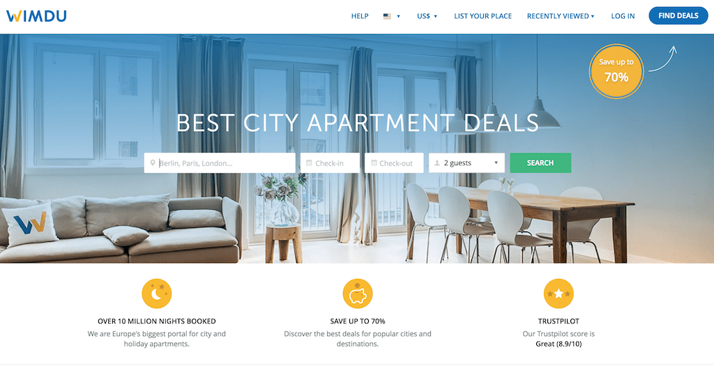 Upon its launch in 2011, Wimdu was believed to be a bonafide competitor to Airbnb and received $90 million in funding. Its current homepage is pictured here.
