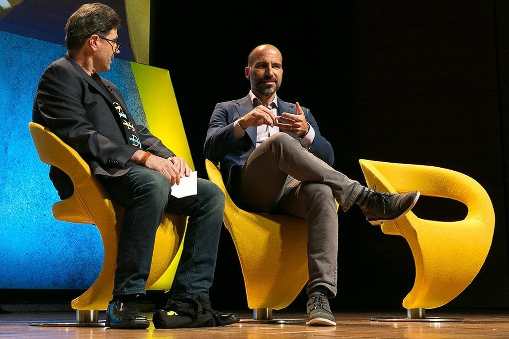 Expedia Inc. CEO Dara Khosrowshahi (right) appeared at the Skift Global Forum in NYC last October. A lot has happened since then, including rivals making acquisitions and a new administration in Washington, D.C.