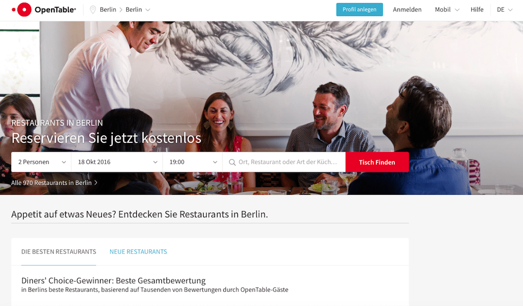 OpenTable is scrapping its country-specific apps in favor of a global app with multilingual capabilities. Pictured is OpenTable's Germany website.