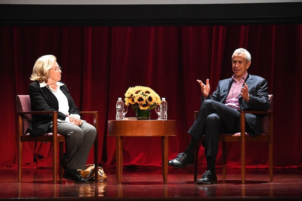 Danny Meyer (right) speaks to FoodArts founder Arianne Batterberry on stage at the NYU Tisch Center for Hospitality and Tourism. His principles for what defines hospitality are universally applicable to the travel industry. 
