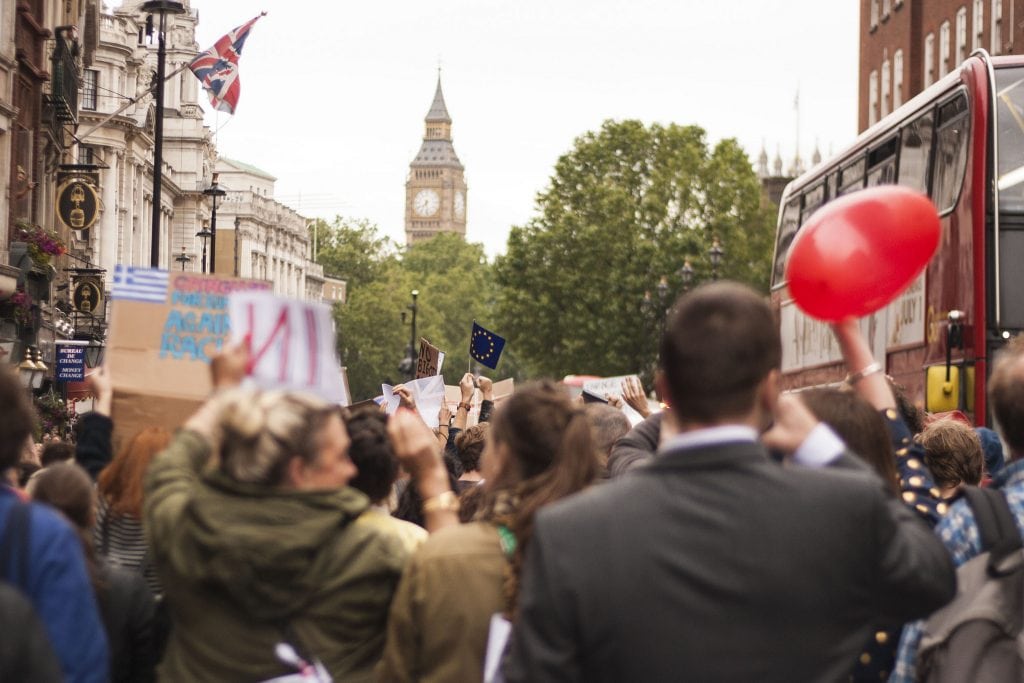 A protest march June 28, 2016 from Trafalgar Square to Parliament in the UK following the Brexit vote. The UK government has still not spelled out its plan for leaving the European Union.