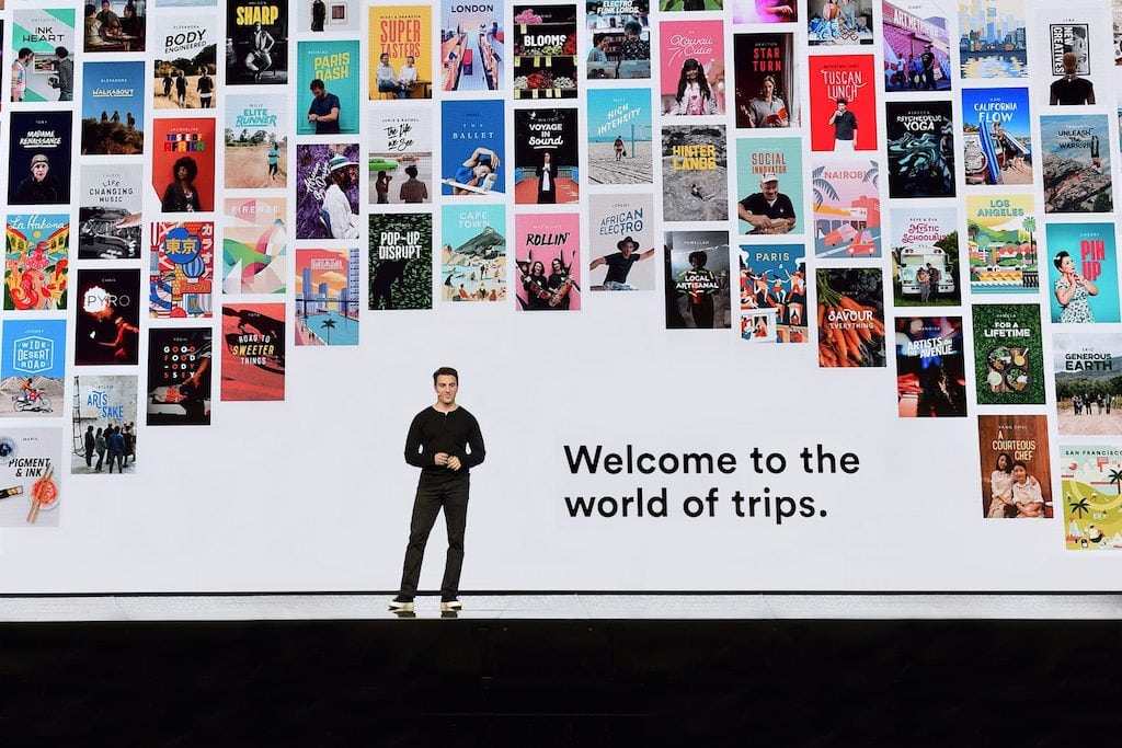 Airbnb CEO Brian Chesky speaking at the company's Open event in November in Los Angeles, where its partnership with Resy, a New York City-based dining reservations app, was first announced.