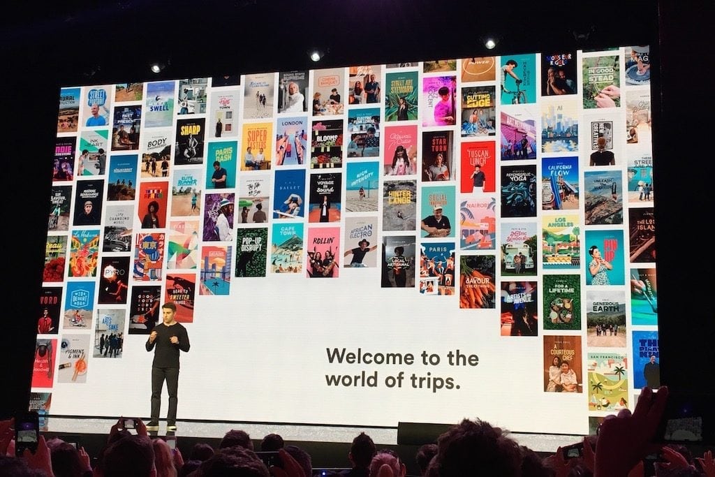 Airbnb CEO on stage at Airbnb Open to announce its new products. 