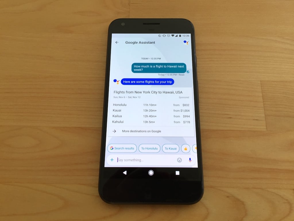 Google's new Artificial Intelligence-powered personal assistant isn't extremely useful for travel booking, but is a step above Apple's Siri. Google Assistant is pictured here on the Google Pixel Xl phone.