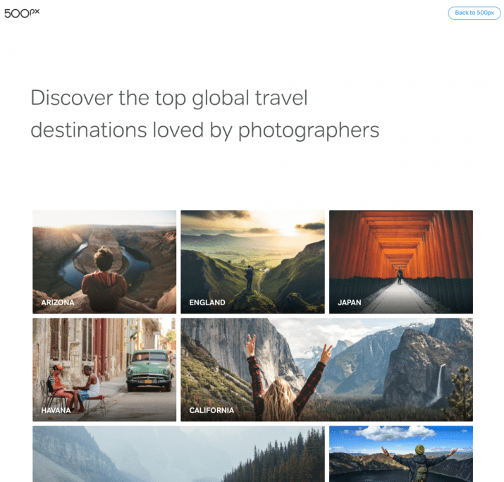 Caption: Primary landing page for 500px’s OTA sitting on a sub-domain at places.500px.com.