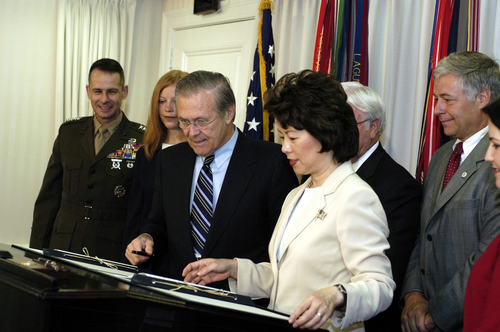 Infrastructure improvement is going to be one of the key transportation priorities for the Trump Administration. Secretary of Transportation nominee Elaine Chao, right, is pictured here at a 2003 event with then-Secretary of Defense Donald Rumsfeld.