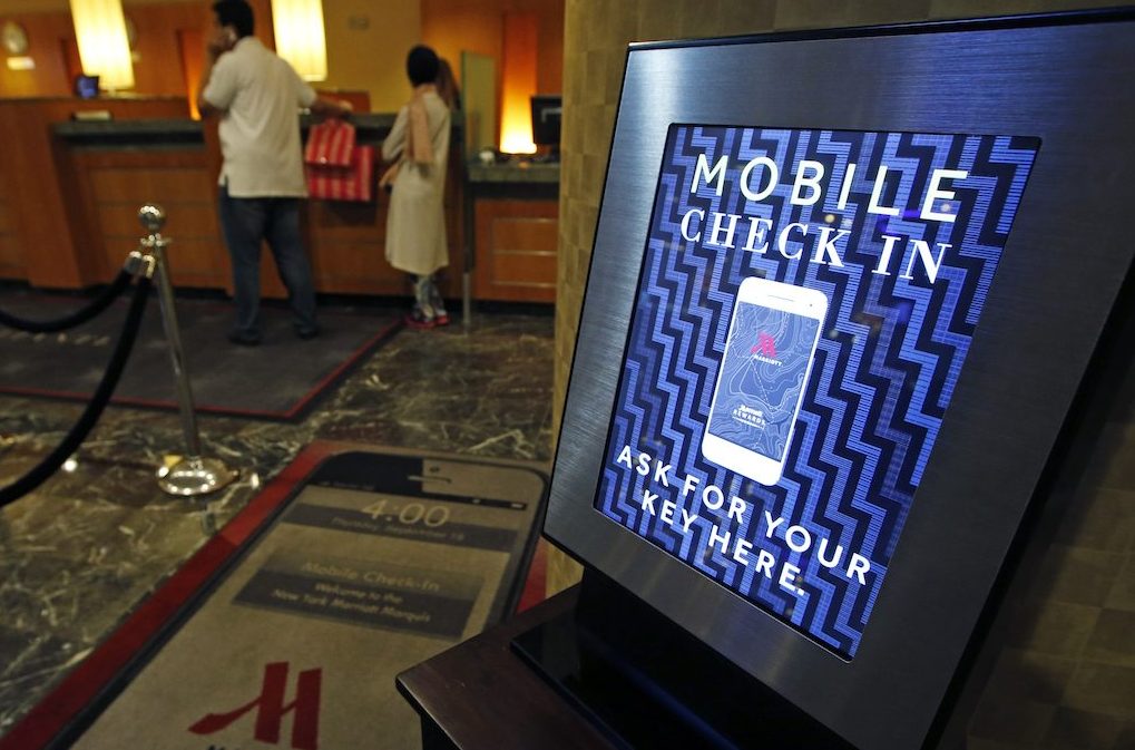 A mobile check-in option is offered for loyalty members at the Marriott Marquis Times Square hotel in New York. The brand is leaning on Starwood leadership for its loyalty program. 