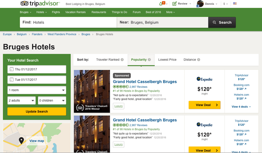 TripAdvisor's hotel search is a mix of metasearch and booking options, and the display variables are too numerous to count.