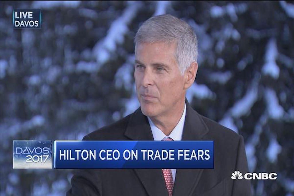 Hilton CEO Christopher Nassetta spoke to CNBC from the World Economic Forum in Davos about his 