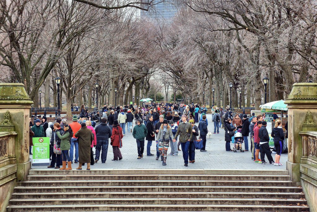 International travel spending in the U.S. barely grew last year. Pictured are tourists in Central Park in New York City.
