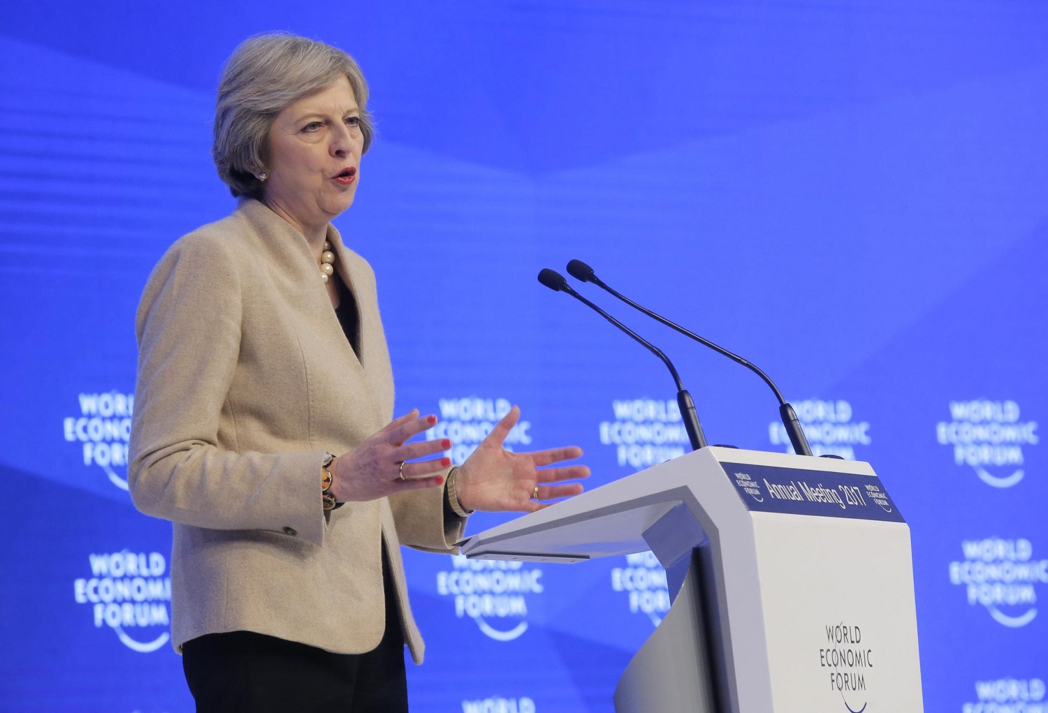 UK’s Prime Minister Theresa May on January 19, 2017 delivering a significant speech on Brexit during the World Economic Forum in Davos, Switzerland. 