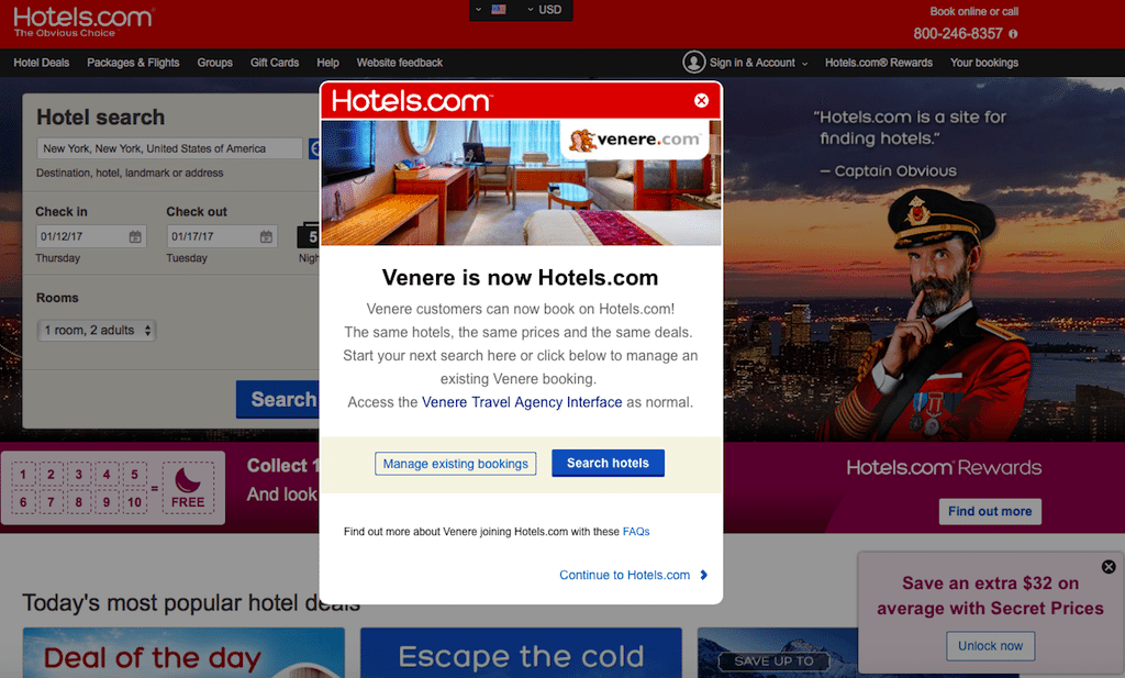 Expedia phased out Venere's consumer-facing business and it now redirects to Expedia's Hotels.com.