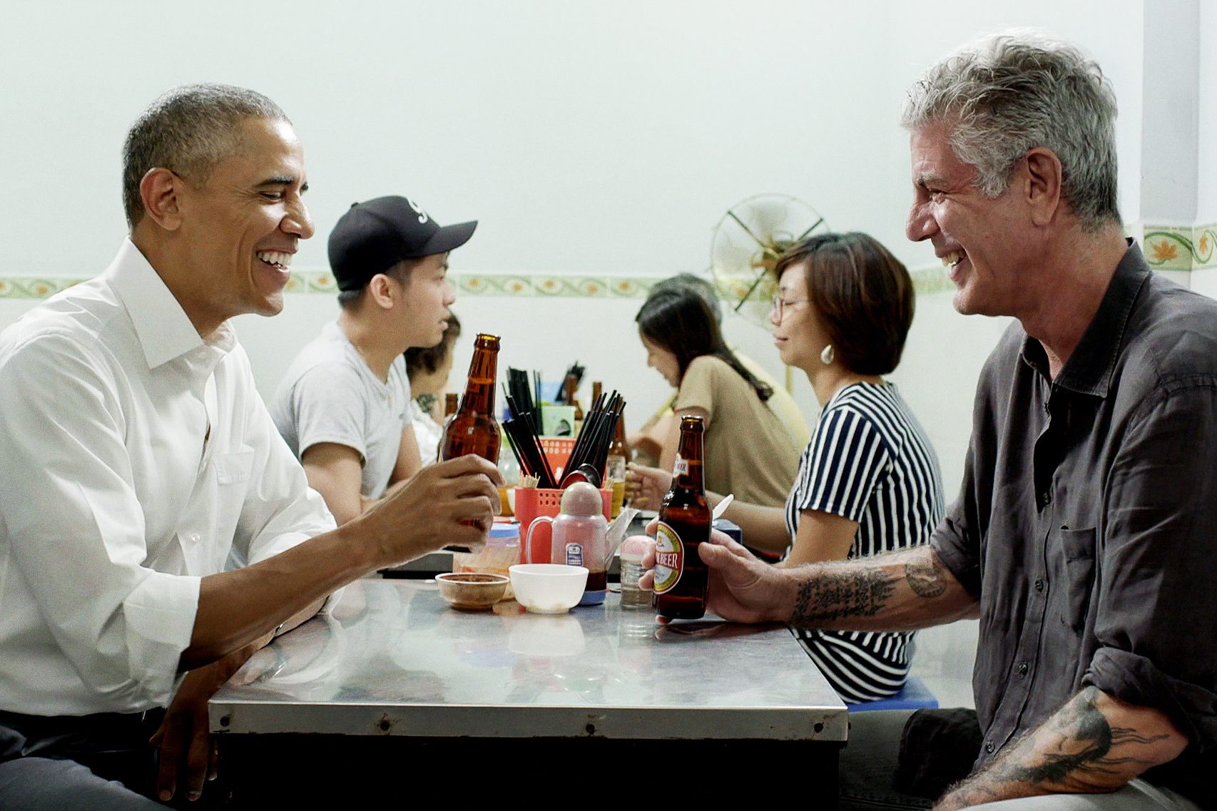 Anthony Bourdain and former President Barack Obama dining in Hanoi, Vietnam. The New Yorker has a deep profile of the former in this week's issue. 