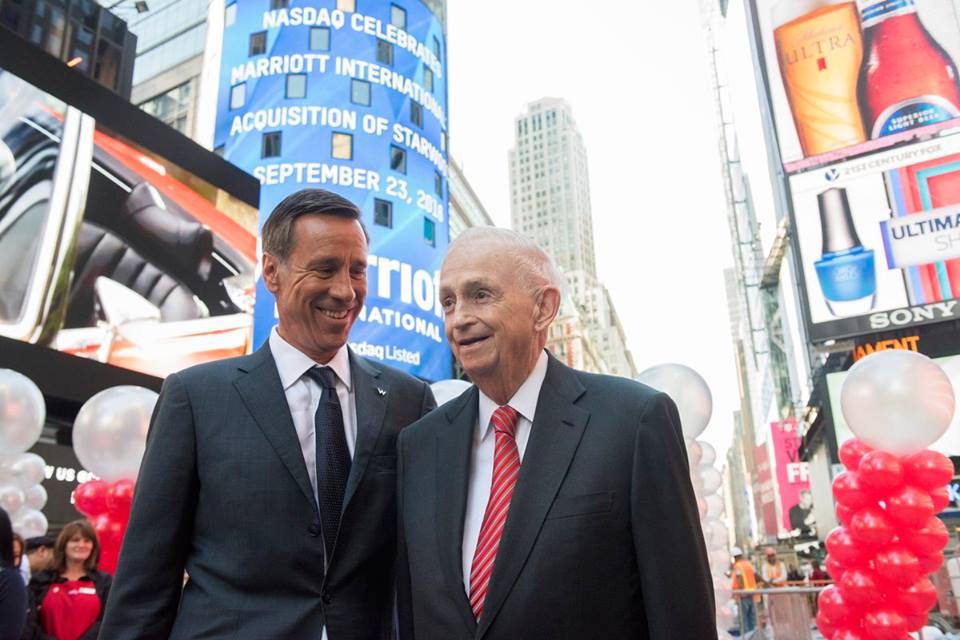 Marriott CEO Arne Sorenson (left) and chairman Bill Marriott Jr. in Times Square in New York City September 30, 2016. Sorenson thinks President Trump's travel ban could adversely impact group business.