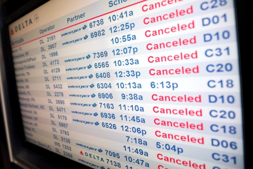 A board displaying cancellations at New York's LaGuardia Airport on February 9 following a storm in the region. 
