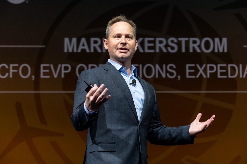 Expedia CFO Mark Okerstrom thinks the company's relationship with Google "balances out" and is very strong. He is pictured at the 2016 Expedia Partner Conference in Las Vegas.