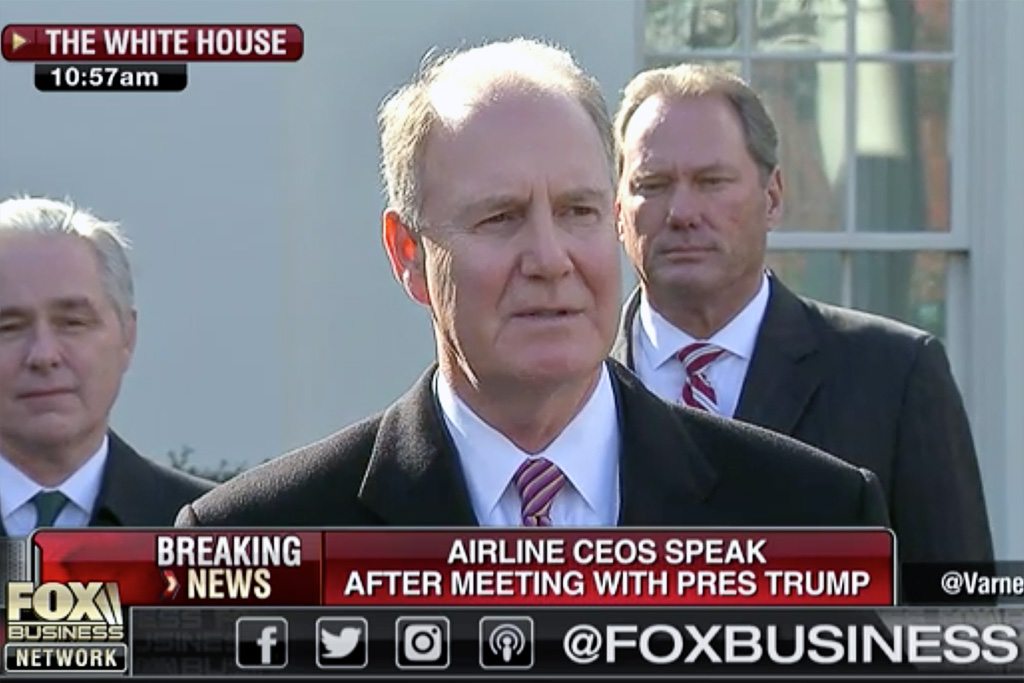 Gary Kelly, CEO of Southwest Airlines, appearing at the White House following a meeting with President Donald J. Trump alongside other aviation leaders. 