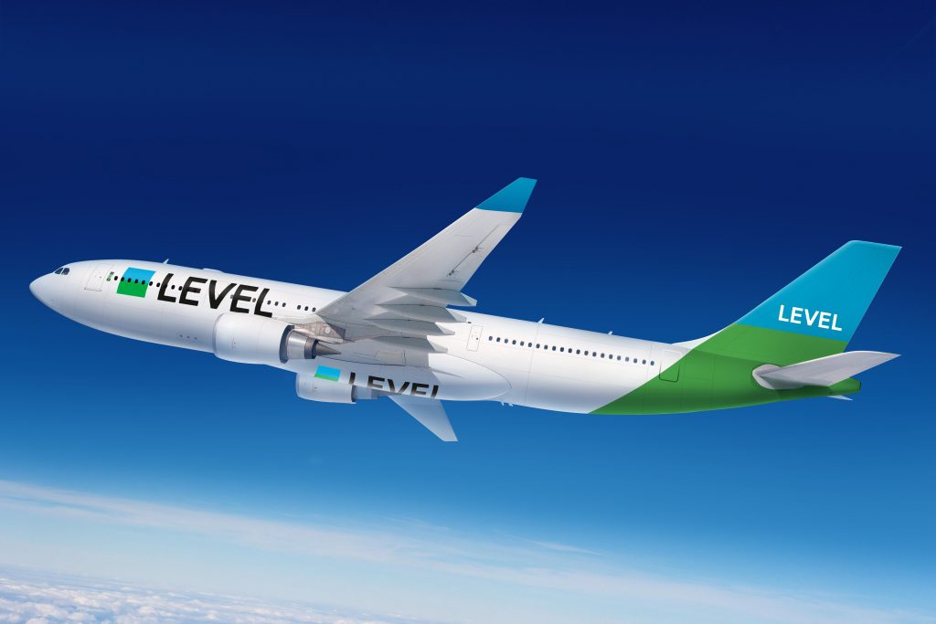 The livery of the new Level airline. IAG will initially offer flights from Barcelona to a number of destinations in the Americas.