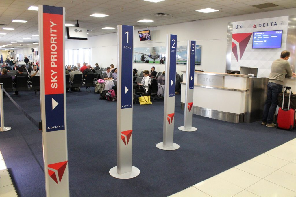 Boarding area at Atlanta's airport. Delta Air Lines wants additional long-haul routes with Covid-19 testing for travelers. 