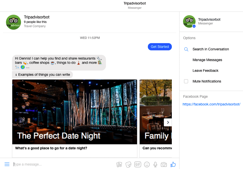 An image of the TripAdvisor chatbot as it appears on Facebook Messenger desktop.