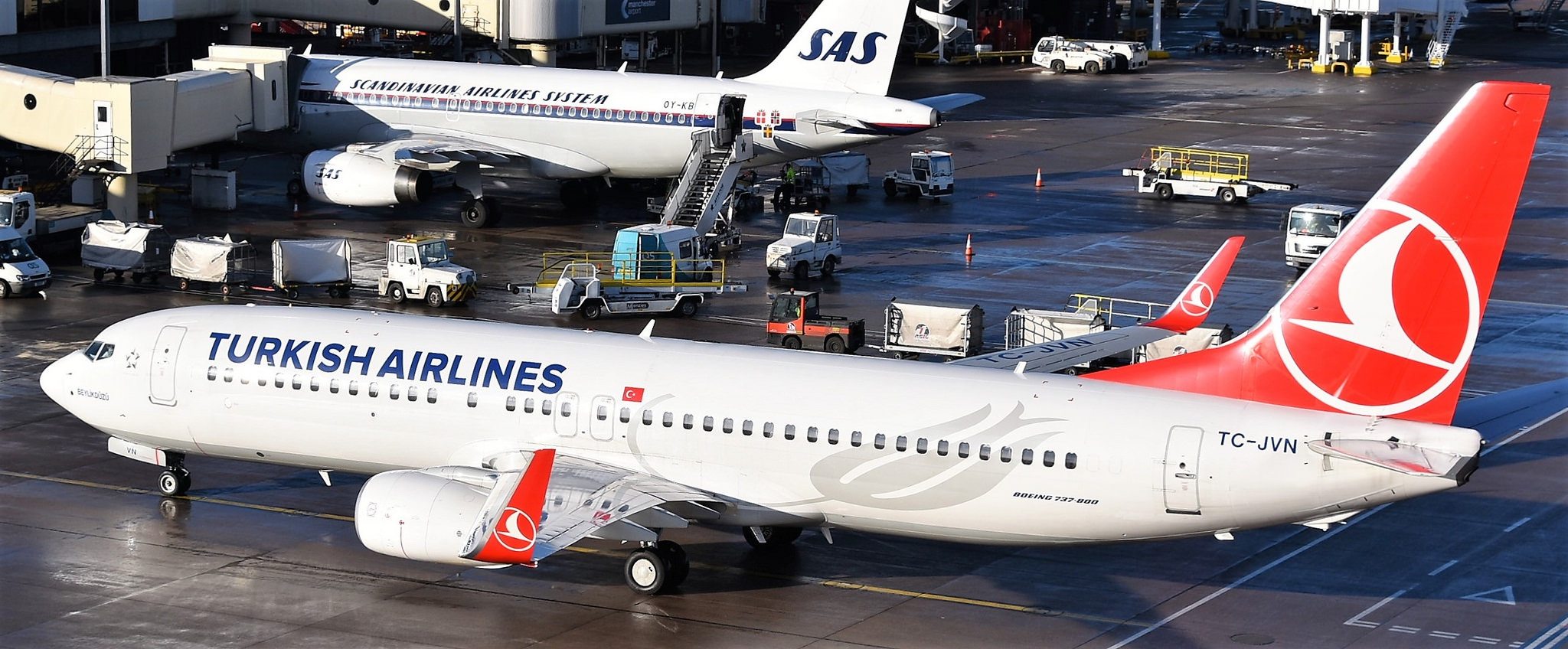 A Turkish Airlines Boeing 737 taxis in Manchester, England. Turkish will be affected by both the U.S. and EU electronics bans. 