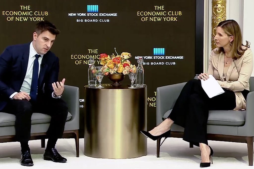 Airbnb CEO Brian Chesky (L) during an interview at the Economic Club of New York earlier this year. 