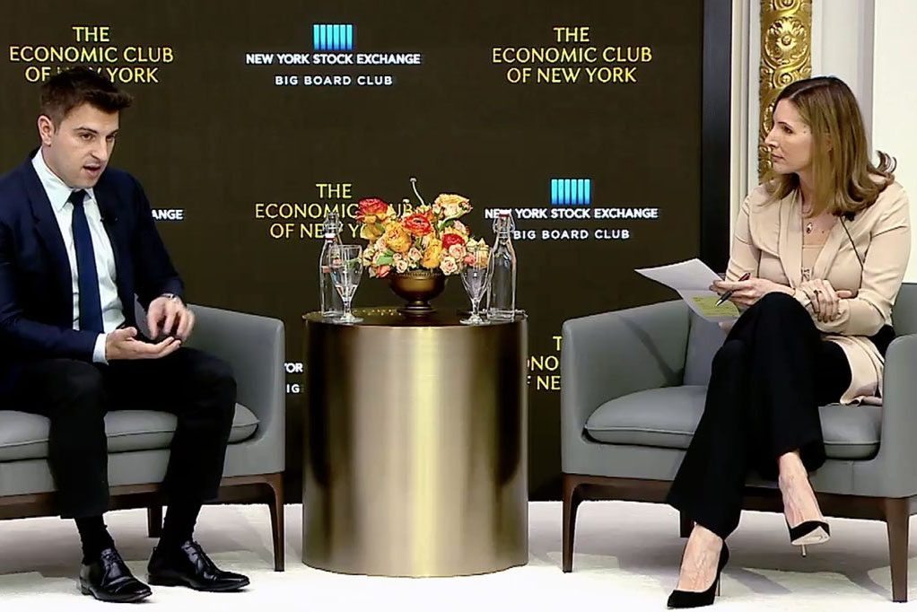 Airbnb CEO Brian Chesky (L) during an interview with Fortune editor Leigh Gallagher at the Economic Club of New York. 