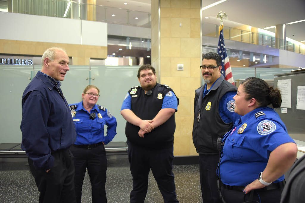 The Department of Homeland Security plans on continuing to search electronic devices indefinitely. Secretary of Homeland Security John Kelly meets with Transportation Security Administration employees at San Diego International Airport, Feb. 9, 2017. 