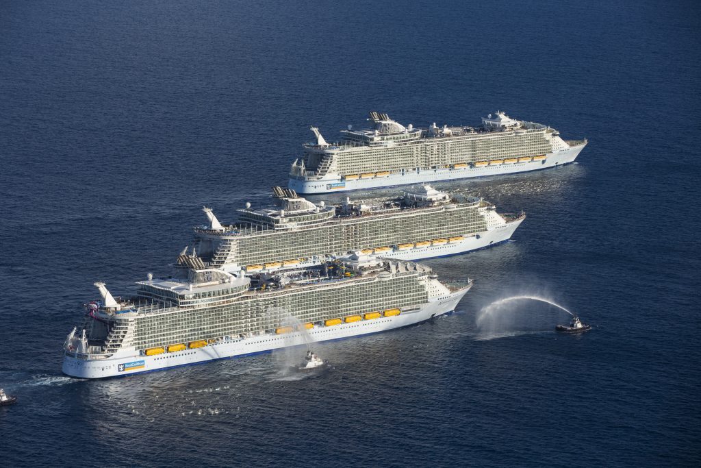 Royal Caribbean's three Oasis-class ships are shown meeting for the first time in this photo. A fourth vessel coming next year will be slightly larger than the others.