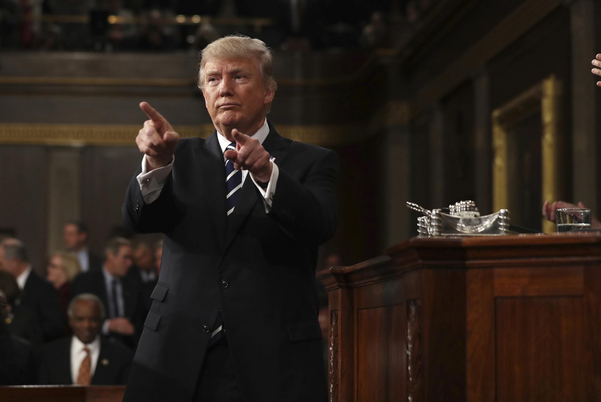 President Donald Trump reacts after addressing a joint session of Congress on Capitol Hill in Washington, Tuesday, Feb. 28, 2017. The President reiterated his support last night for an expensive infrastructure improvement program. 
