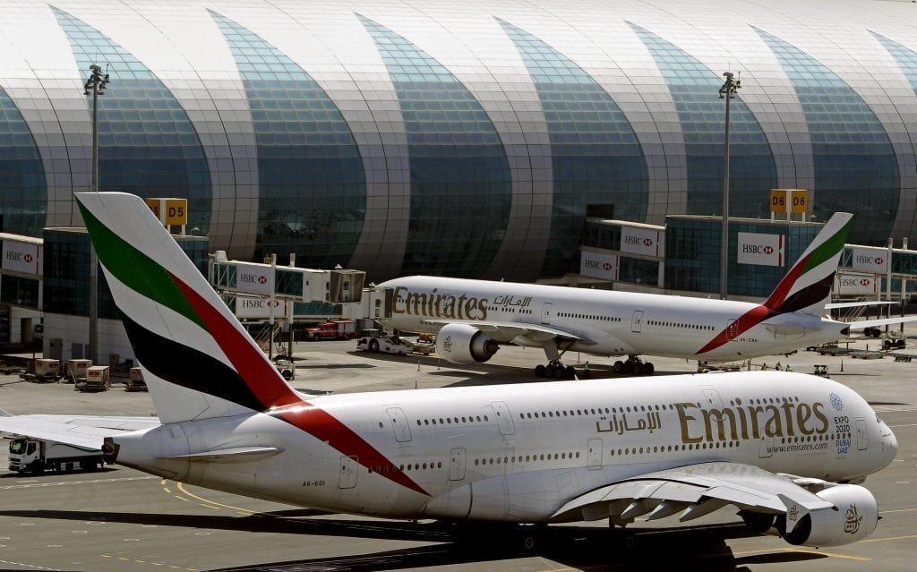 Emirates aircraft wait on the ramp in Dubai. The U.S. and UK electronics bans are similar, but the UK has left off the United Arab Emirates, so Emirates will not be affected. 