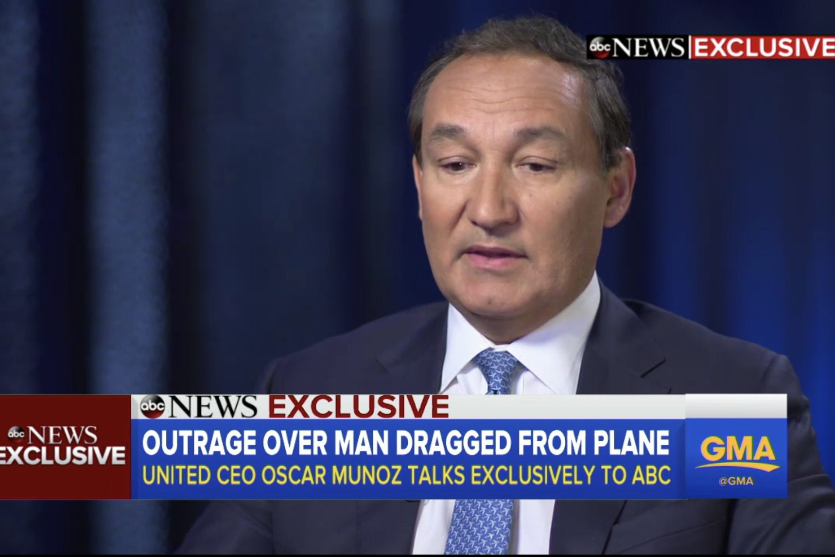 United Airlines CEO gave what he says will be his only TV interview April 12, 2017 to ABC News about the bumping incident that occurred a few days earlier. Pictured is Munoz in October 2015. 