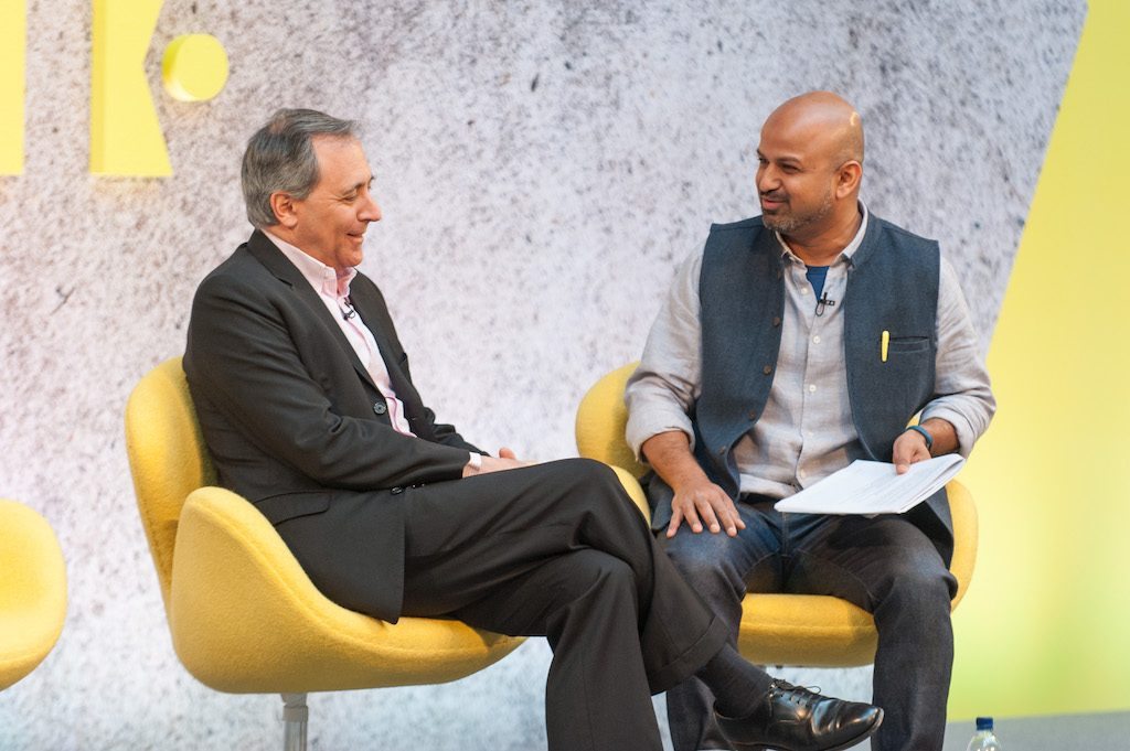 InterContinental Hotels Group CEO Richard Solomons speaking with Skift's Rafat Ali (R) at Skift Forum Europe in London on April 4, 2017. 