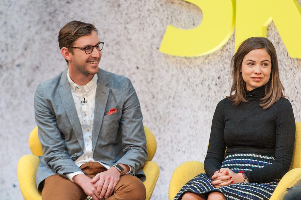 CEO of Lonely Planet Daniel Houghton and Founder & CEO of Suitcase Serena Guen (R) at Skift Forum Europe in London on April 4, 2017. 