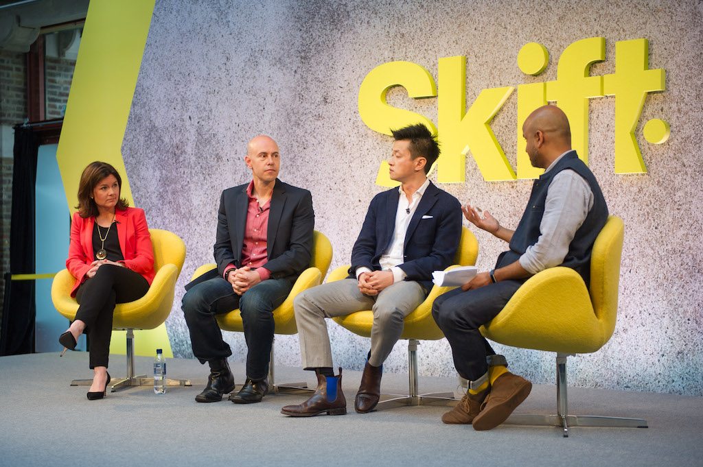 CEO of Trainline Clare Gilmartin (far L), Founding Partner at PROfounders Capital Sean Seton-Rogers (L), Co-Founder & COO of GetYourGuide Tao Tao (R), and Skift's Rafat Ali (far R) at Skift Forum Europe in London on April 4, 2017. 