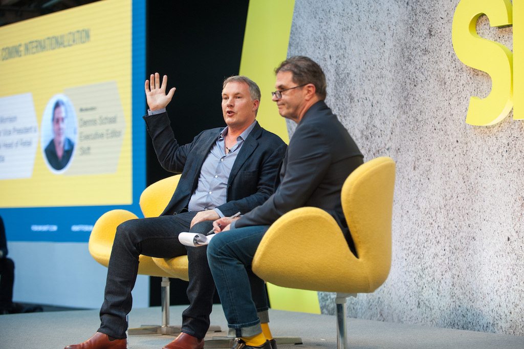 Gary Morrison, senior vice president and global head of retail at Expedia, talks with executive editor Dennis Schaal, during an interview today in London at the first Skift Forum Europe.